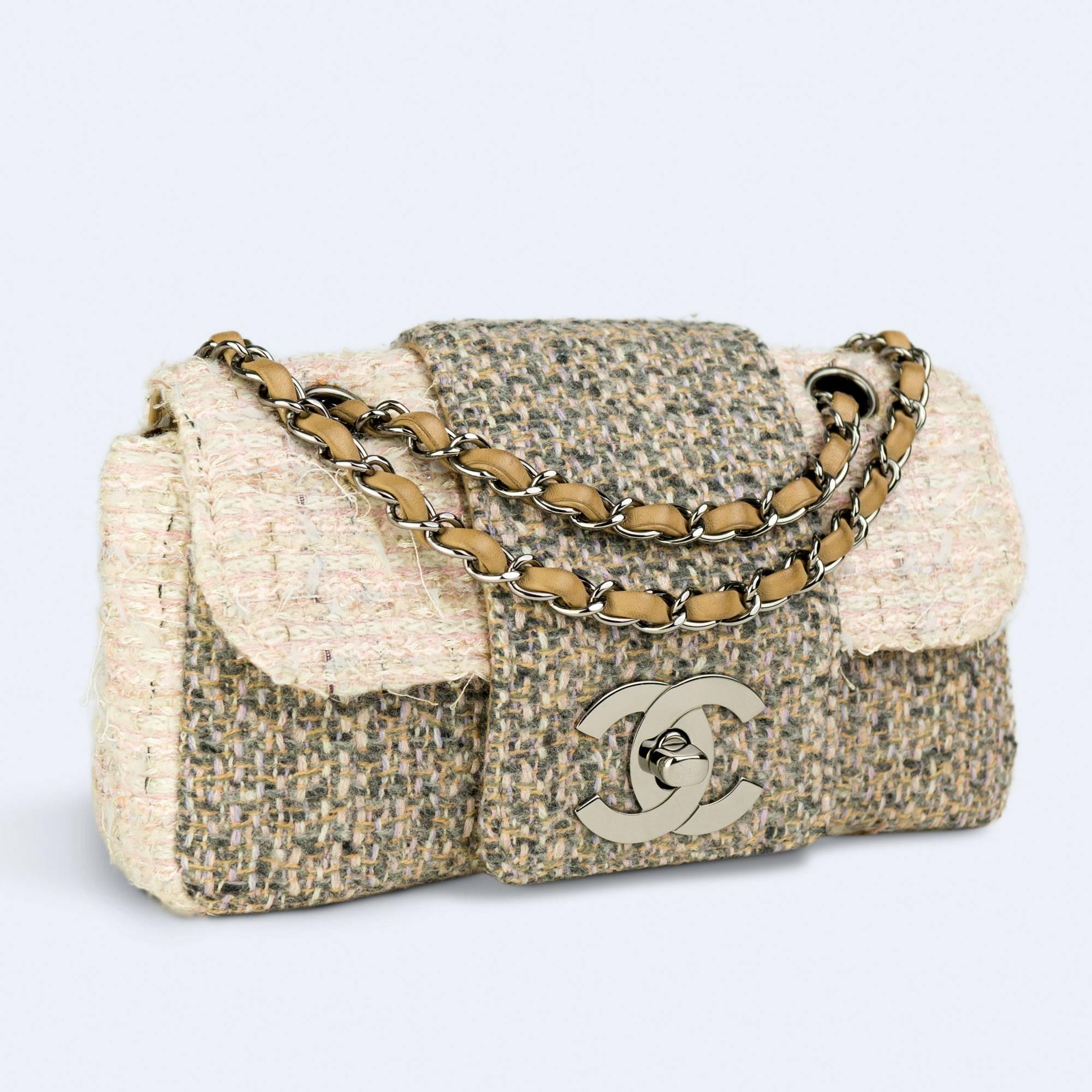Chanel Multi Color Cream Beige Small Tweed Classic Flap Shoulder Bag For Sale 1
