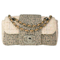 Chanel Multi Color Cream Beige Small Tweed Classic Flap Shoulder Bag