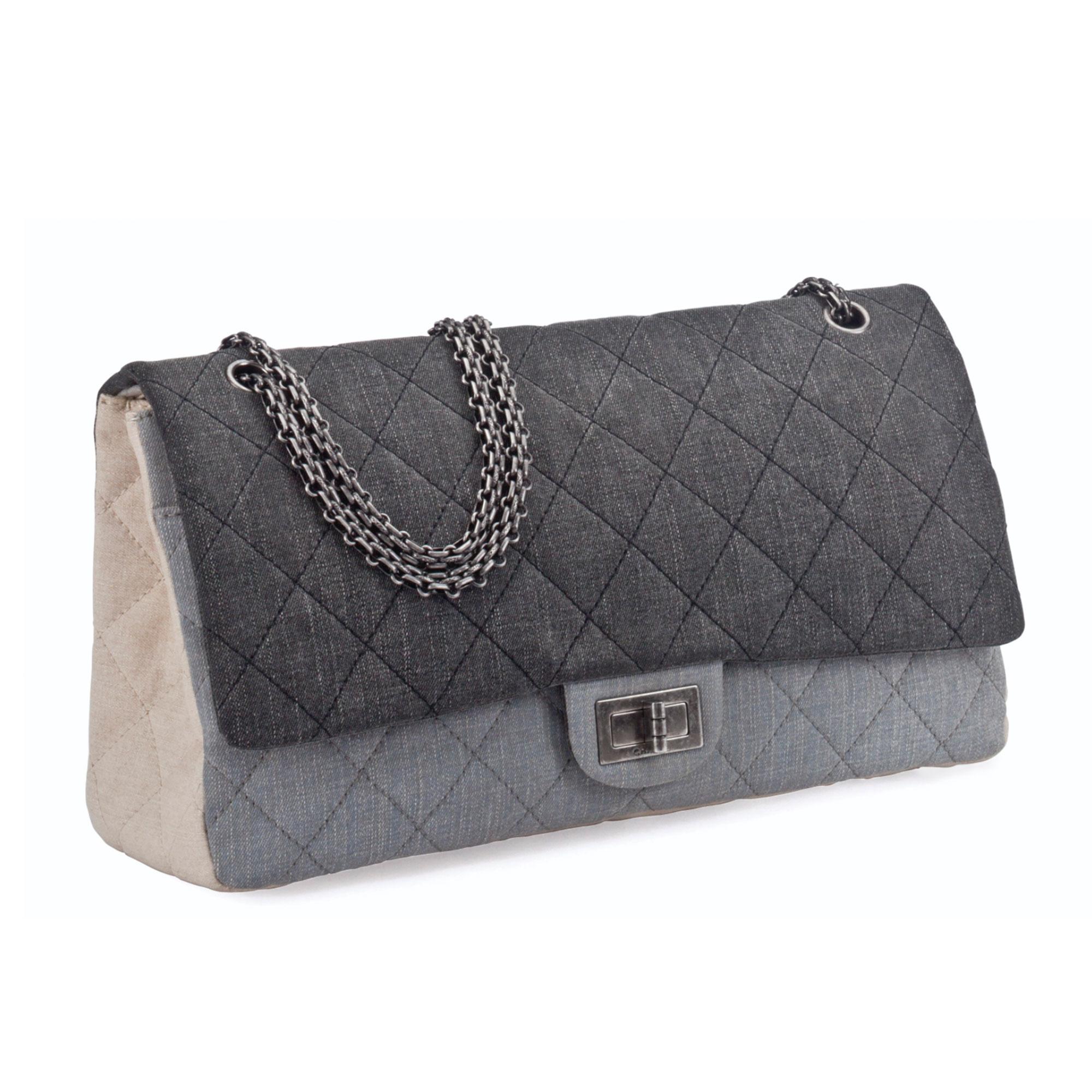 Gray Chanel Multi Color Large Canvas Denim Quilted Flap Reissue Shoulder Bag For Sale