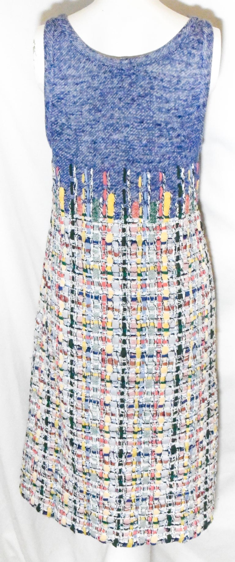 Chanel Multi Color Lesage Tweed Sleeveless Dress W/ Light Blue Knit Base 42  For Sale at 1stDibs