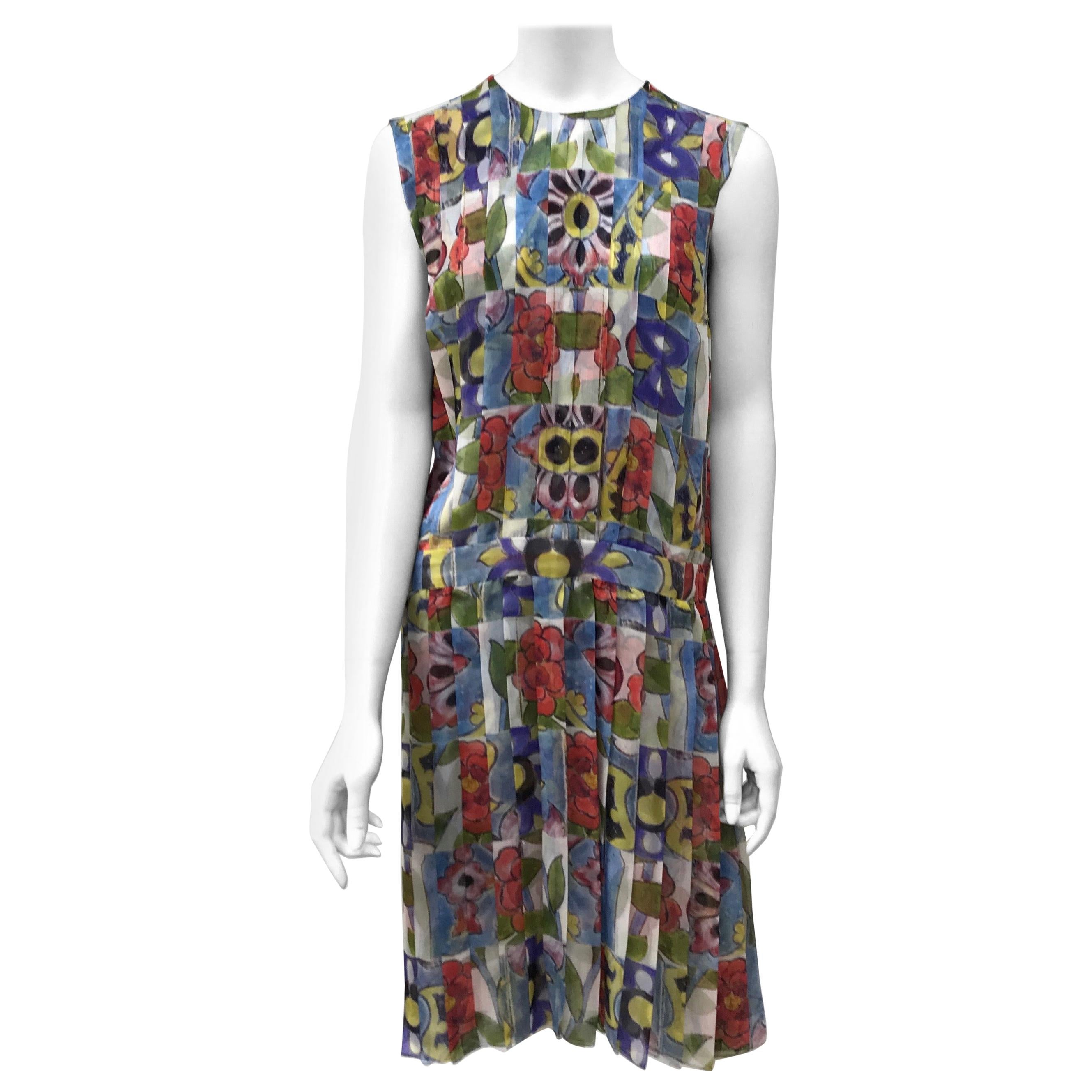 Chanel Multi Color Silk Floral Print Dress w/ Tucks-42 at 1stDibs