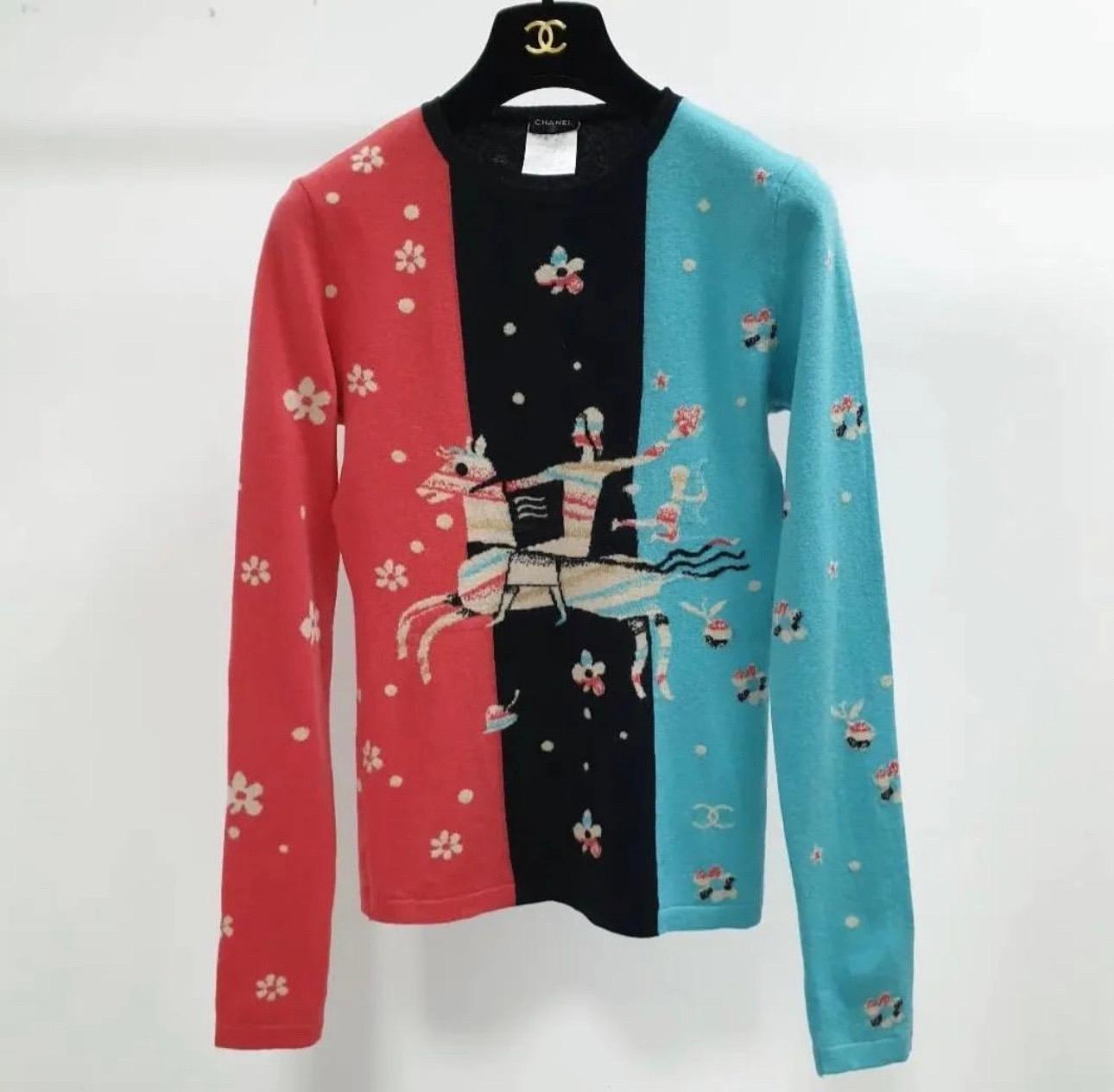 Women's Chanel Multi Colored Cashmere Cupid & Man on Horse Sweater For Sale