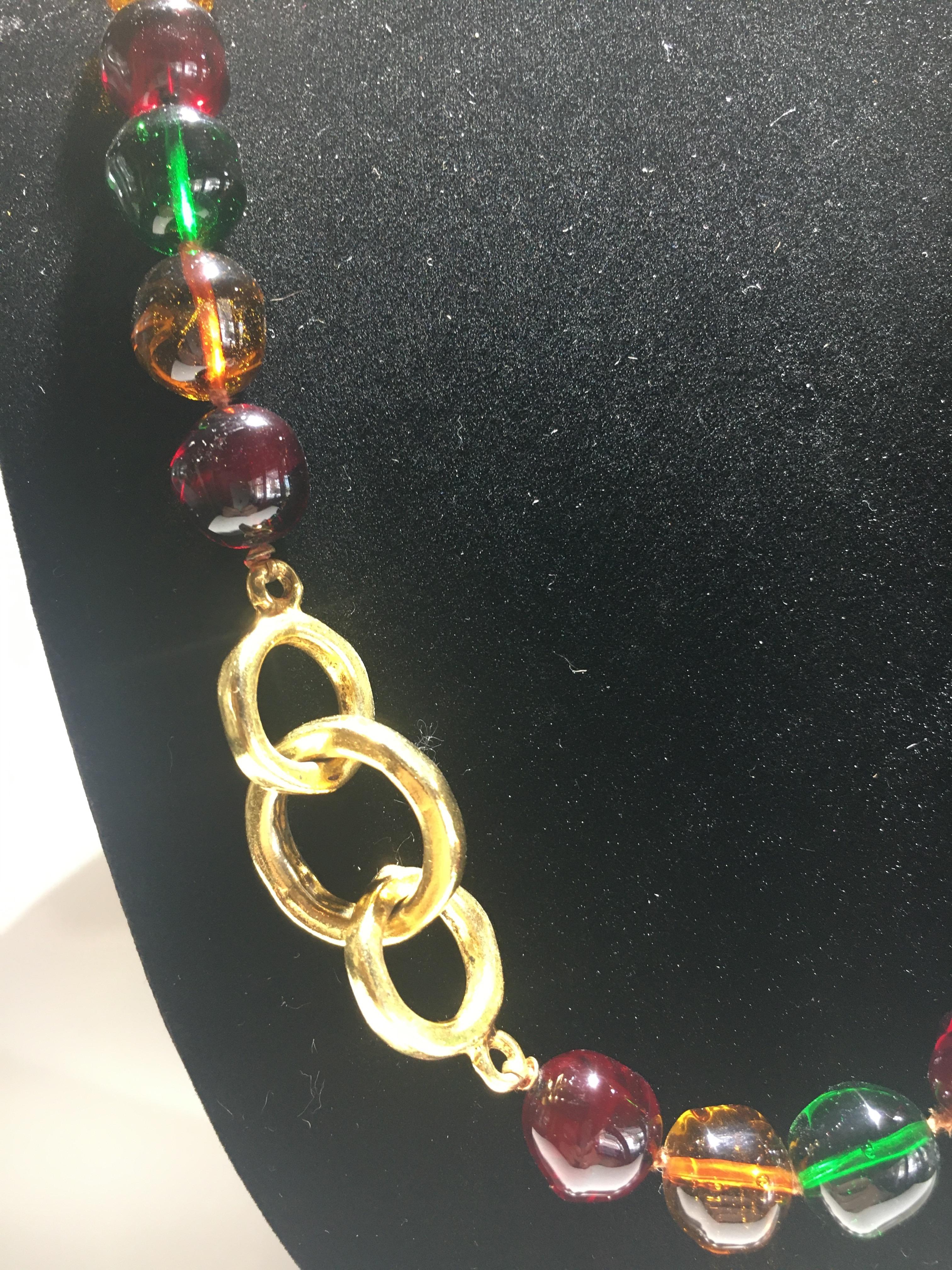 Classical Greek Chanel Gripoix Multi Colored Glass Bead And Gold Necklace Clasic Timeless Design