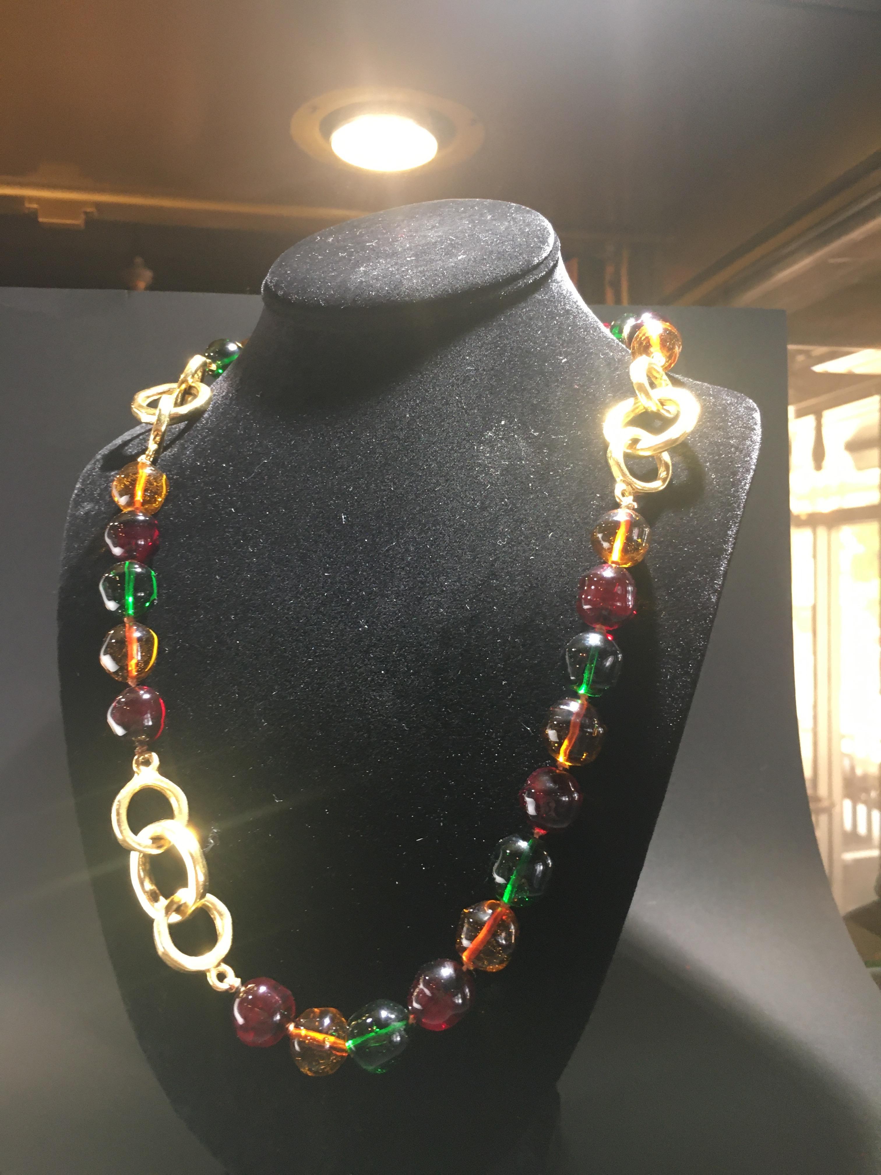 Women's or Men's Chanel Gripoix Multi Colored Glass Bead And Gold Necklace Clasic Timeless Design
