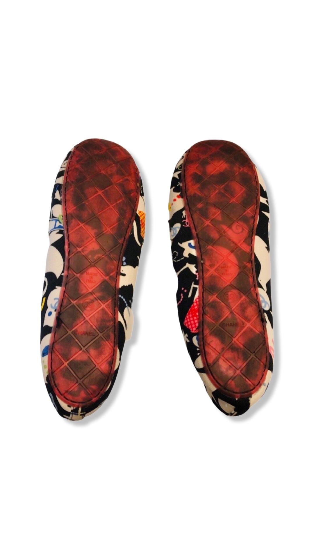 Beige Chanel Multi Coloured Canvas Printed Flats  For Sale