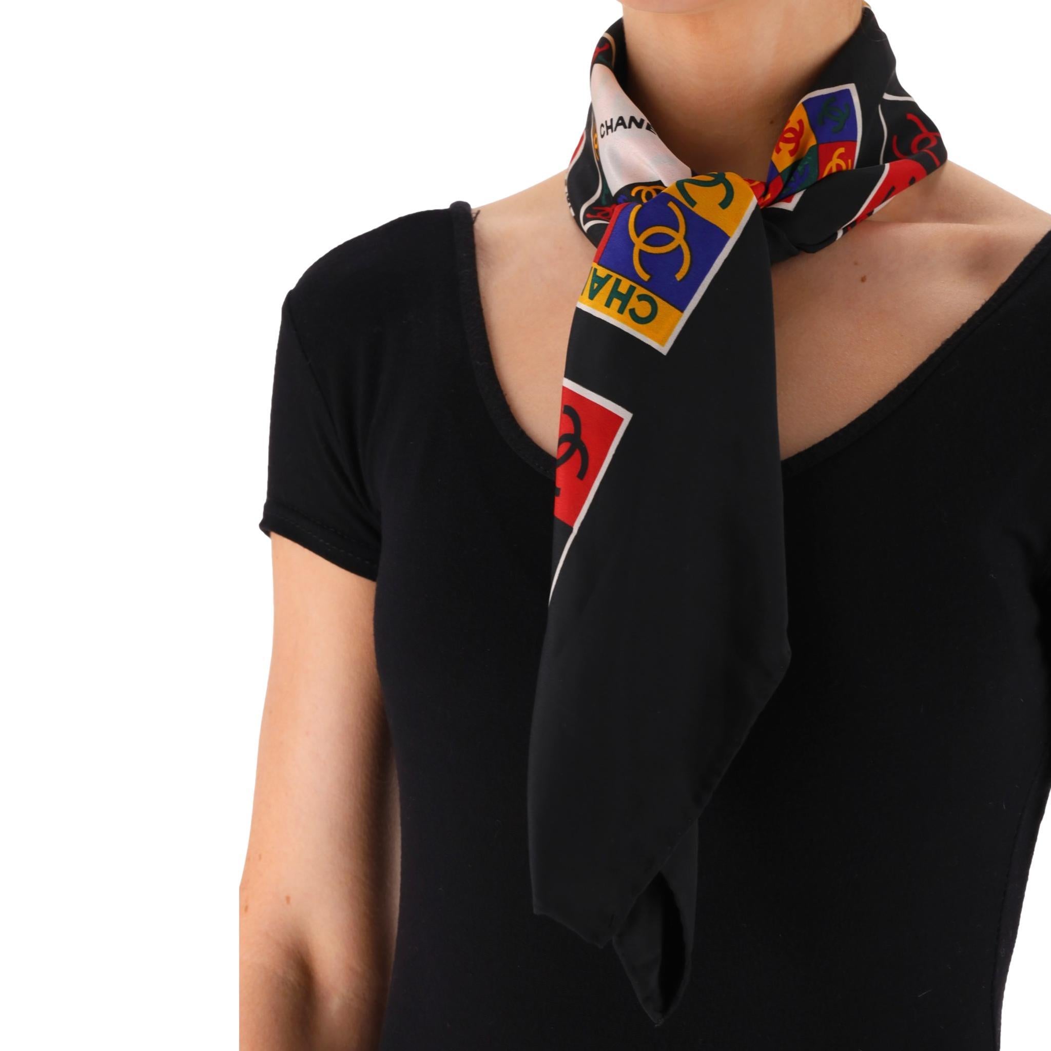Chanel Multi-Logo 'CC' Silk Scarf

Black scarf fully crafted from silk with multicoloured squares designed with variety of signature Chanel logos.

'Chanel Paris' signature to the corner and rolled edges.

Rrp Approx. £425

Size – 86x86cm

Condition