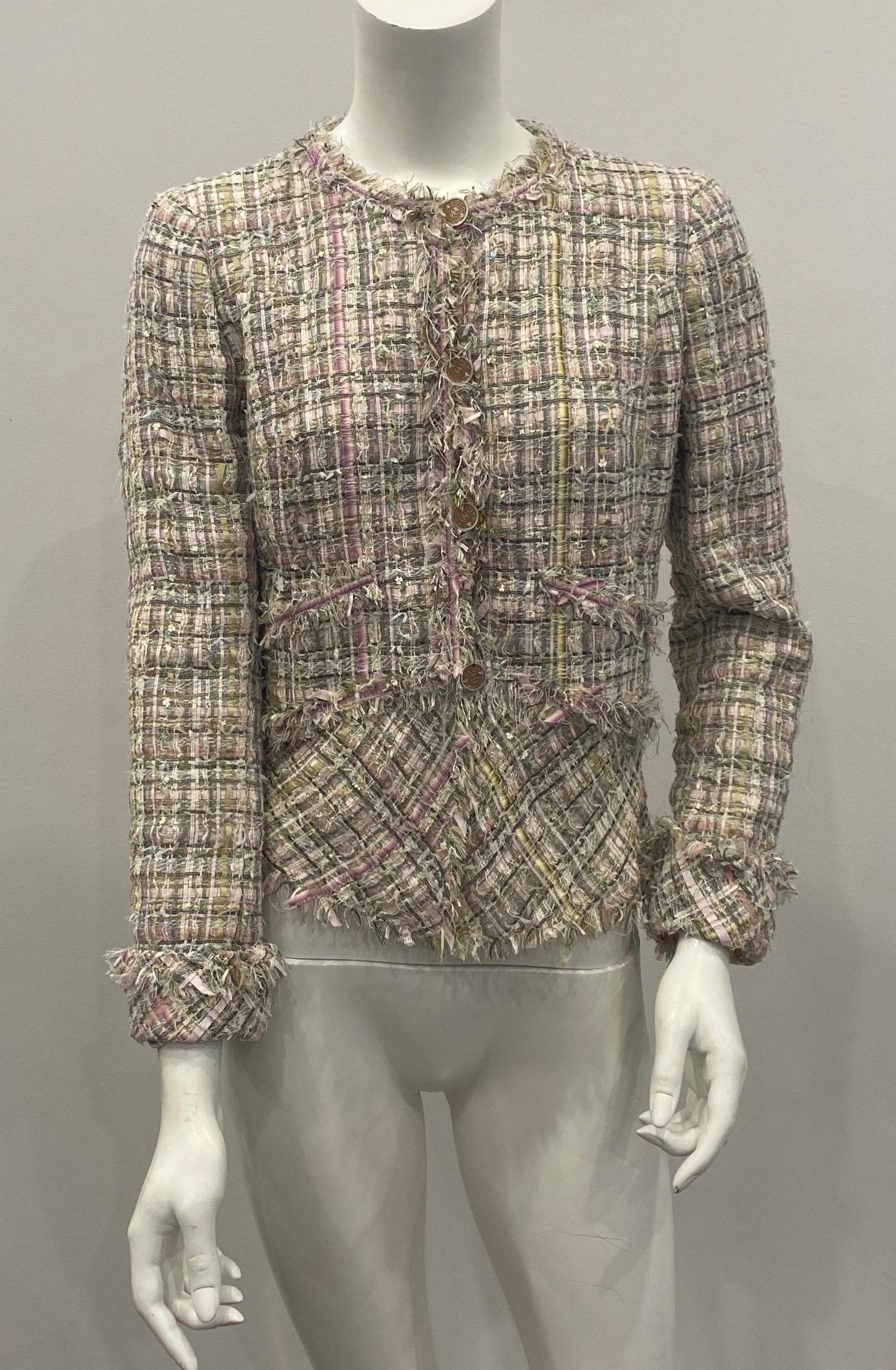 Chanel Multi Pastels Ribbon Boucle Jacket -Size 40 From the Spring 2005P collection. This jacket has multi pastel colored ribbons of different sizes woven throughout the jacket with tiny pastel sequins to give it such a special touch. The jacket is