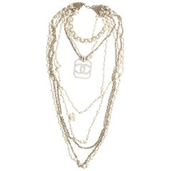 Chanel Multi Row Pearls and Chain Necklace With CC 