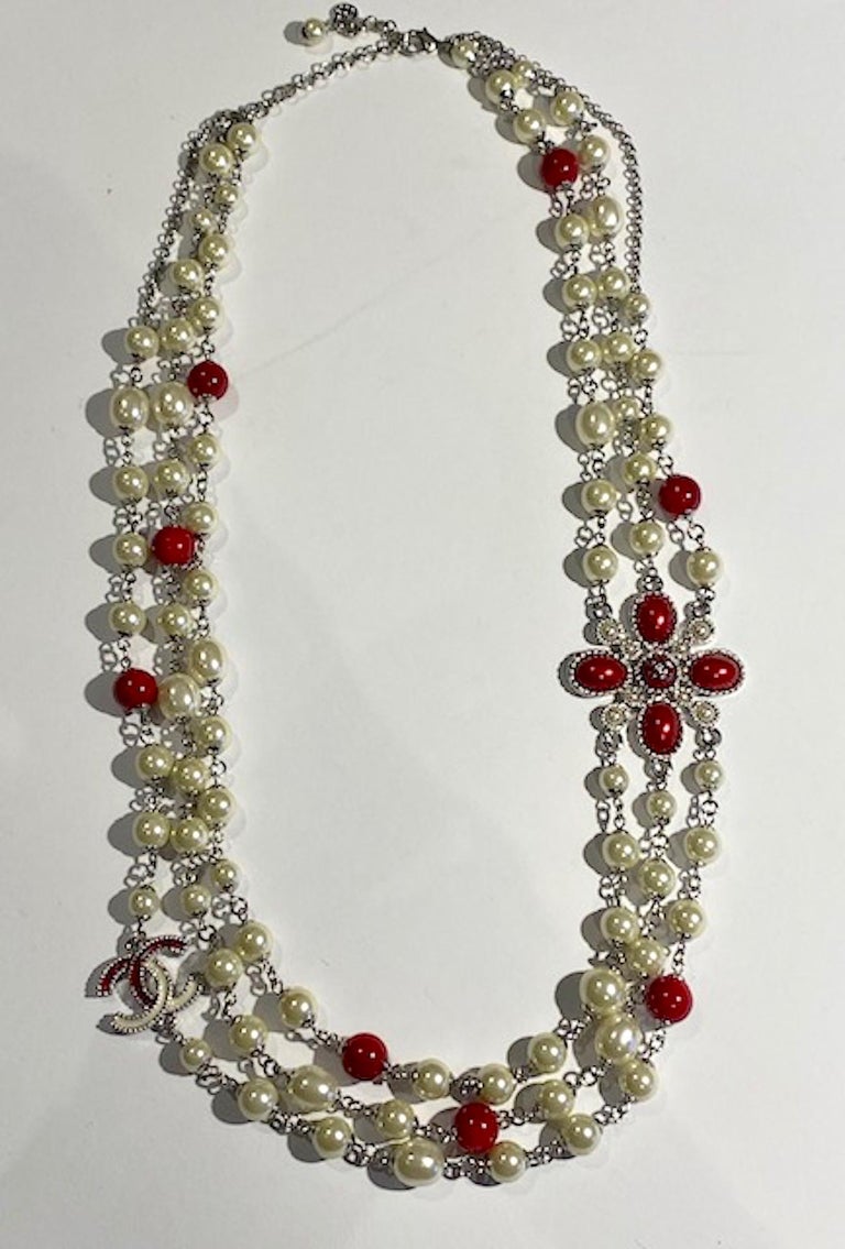 Chanel Multi Strand Necklace of Pearls and Red Beads , Autumn 2013  Collection at 1stDibs
