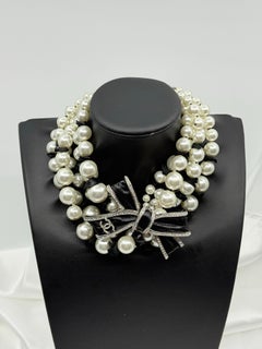 Chanel Multi Strand Pearl Black Ribbon Crystal CC Collar Necklace