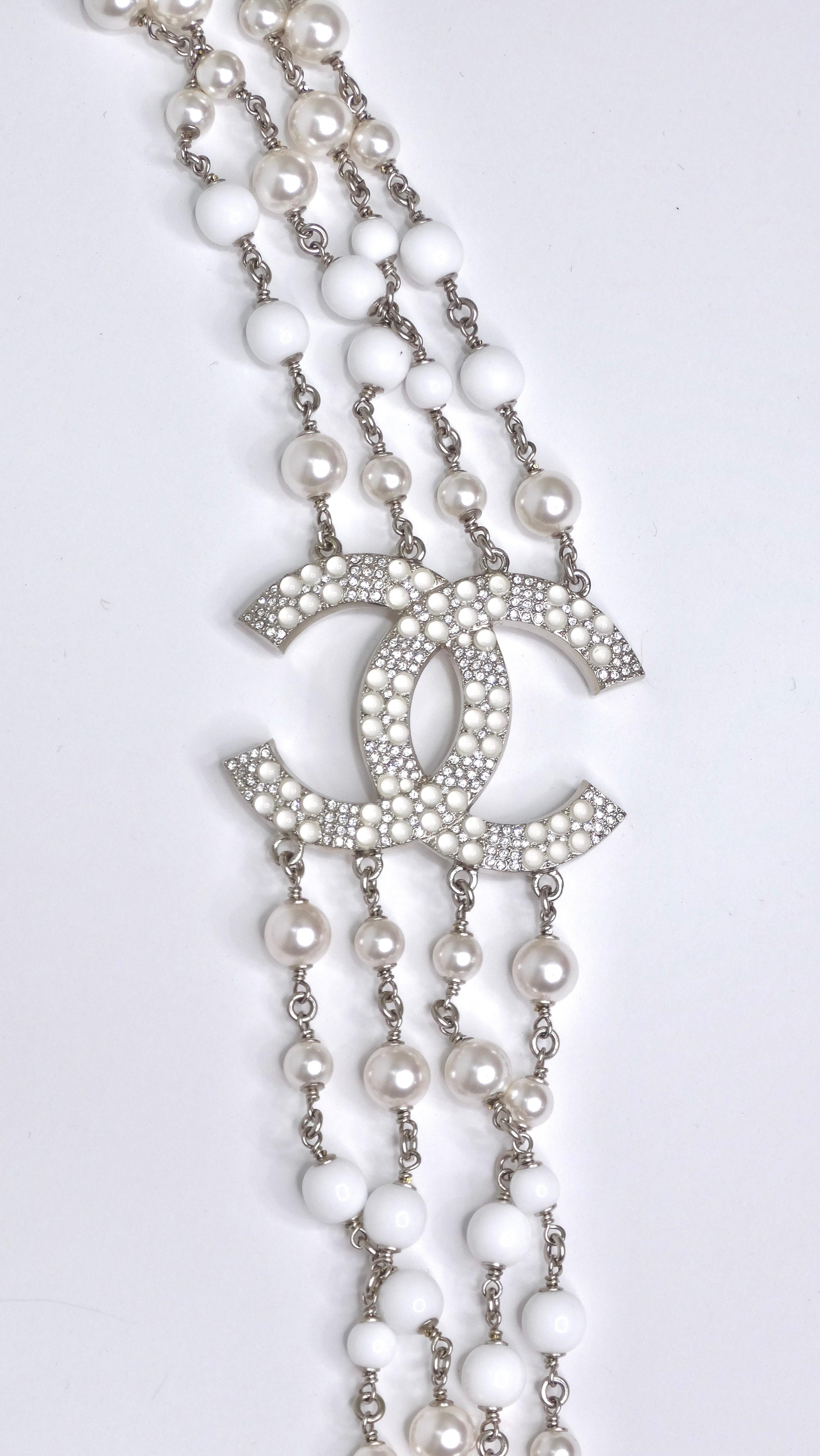 Round Cut Chanel Multi-Strand Pearls & Crystal CC Logo Iconic Necklace