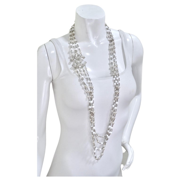 Chanel Multi-Strand Pearls and Crystal CC Logo Iconic Necklace