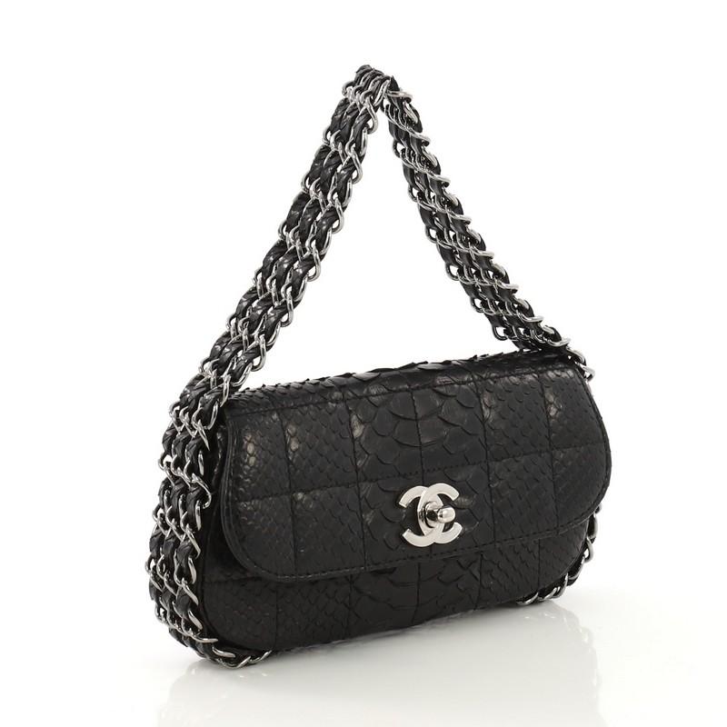 Black Chanel Multichain Chocolate Bar Flap Bag Quilted Python Mini