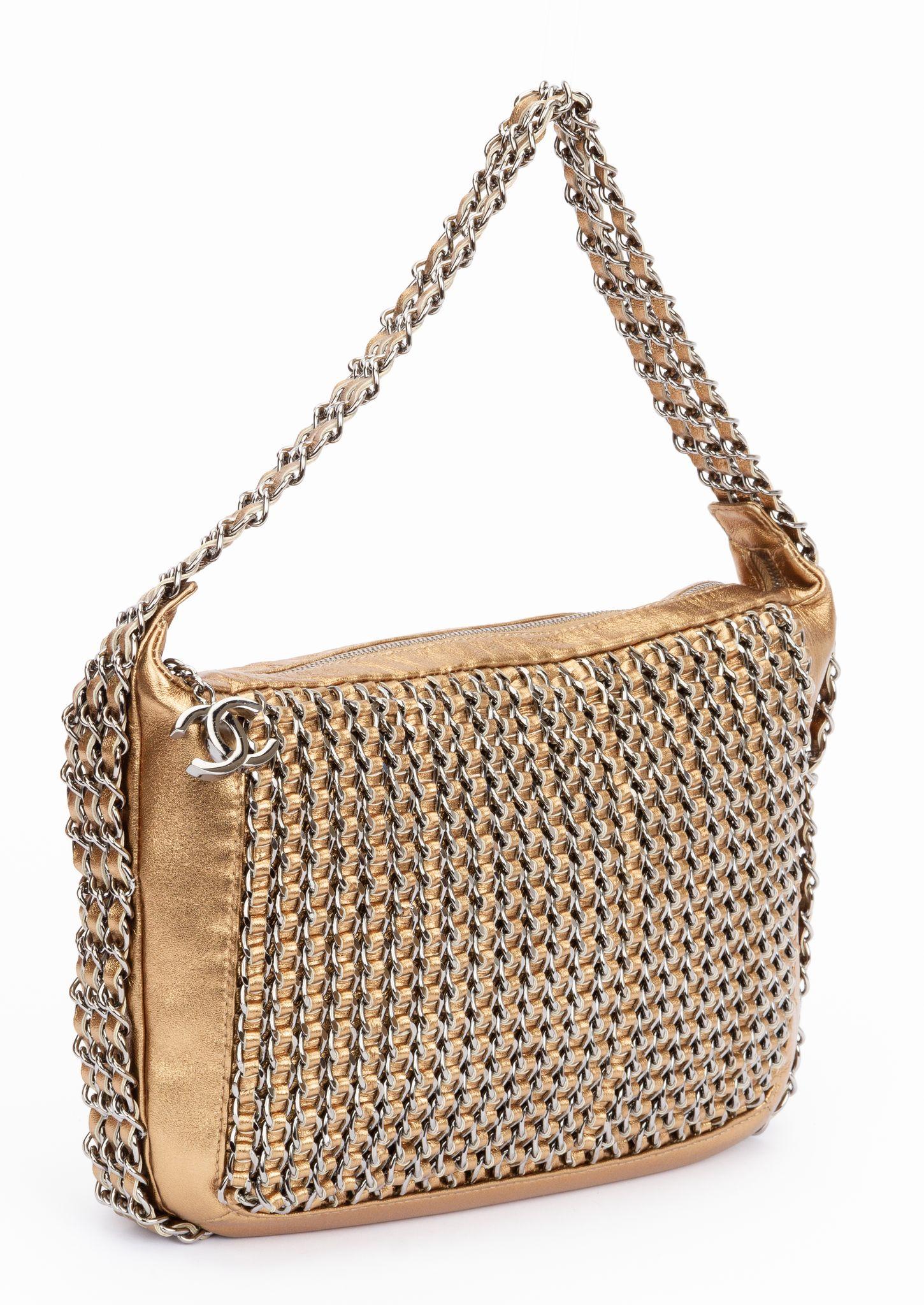 Chanel gold shoulder bag with ruthenium multi chain decoration. Handle drop 7