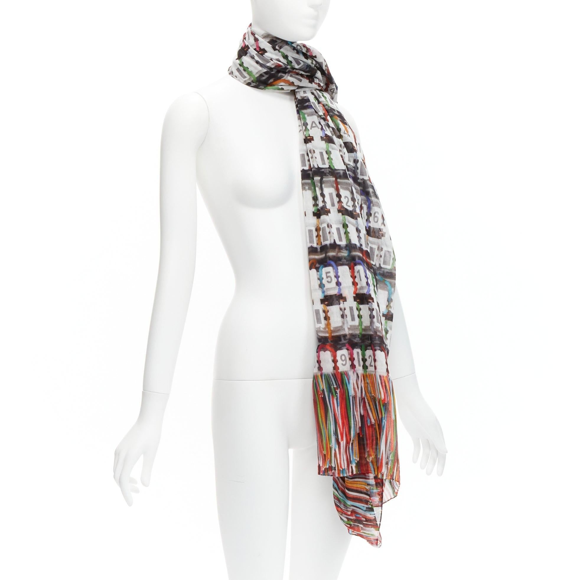 Gray CHANEL multicolor 100% cotton CC logo data centre number print scarf For Sale