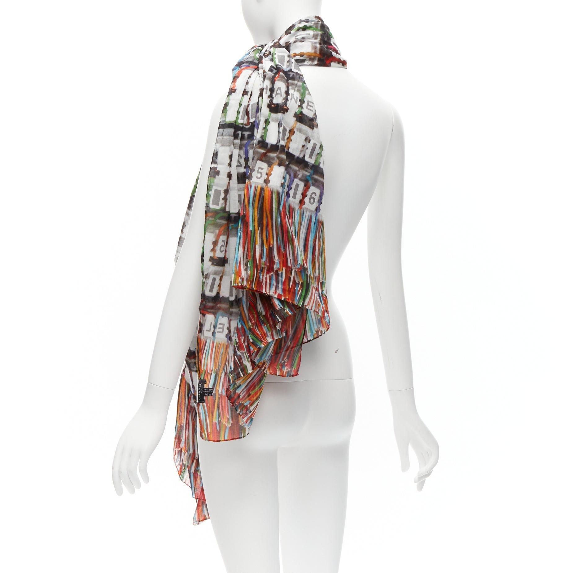 CHANEL multicolor 100% cotton CC logo data centre number print scarf For Sale 1