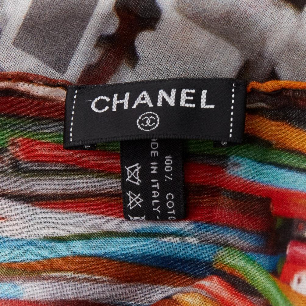 CHANEL multicolor 100% cotton CC logo data centre number print scarf For Sale 2