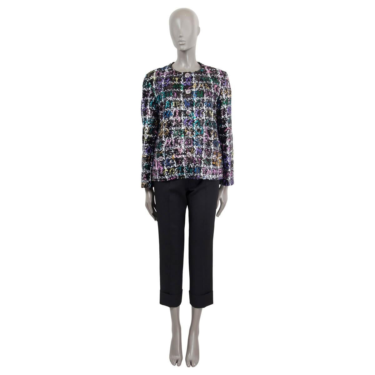 100% authentic Chanel 2022 Florence sequin embellished jacket in black, white, purple, turquoise, blue, yellow and pink. Open with 5 crystal embellished buttons and has 2 buttoned front patch-pockets and buttoned cuffs. Lined in black silk. Has been