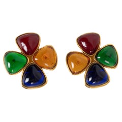 CHANEL multicolor 91A GRIPOIX GLASS CLOVER Clip Earrings