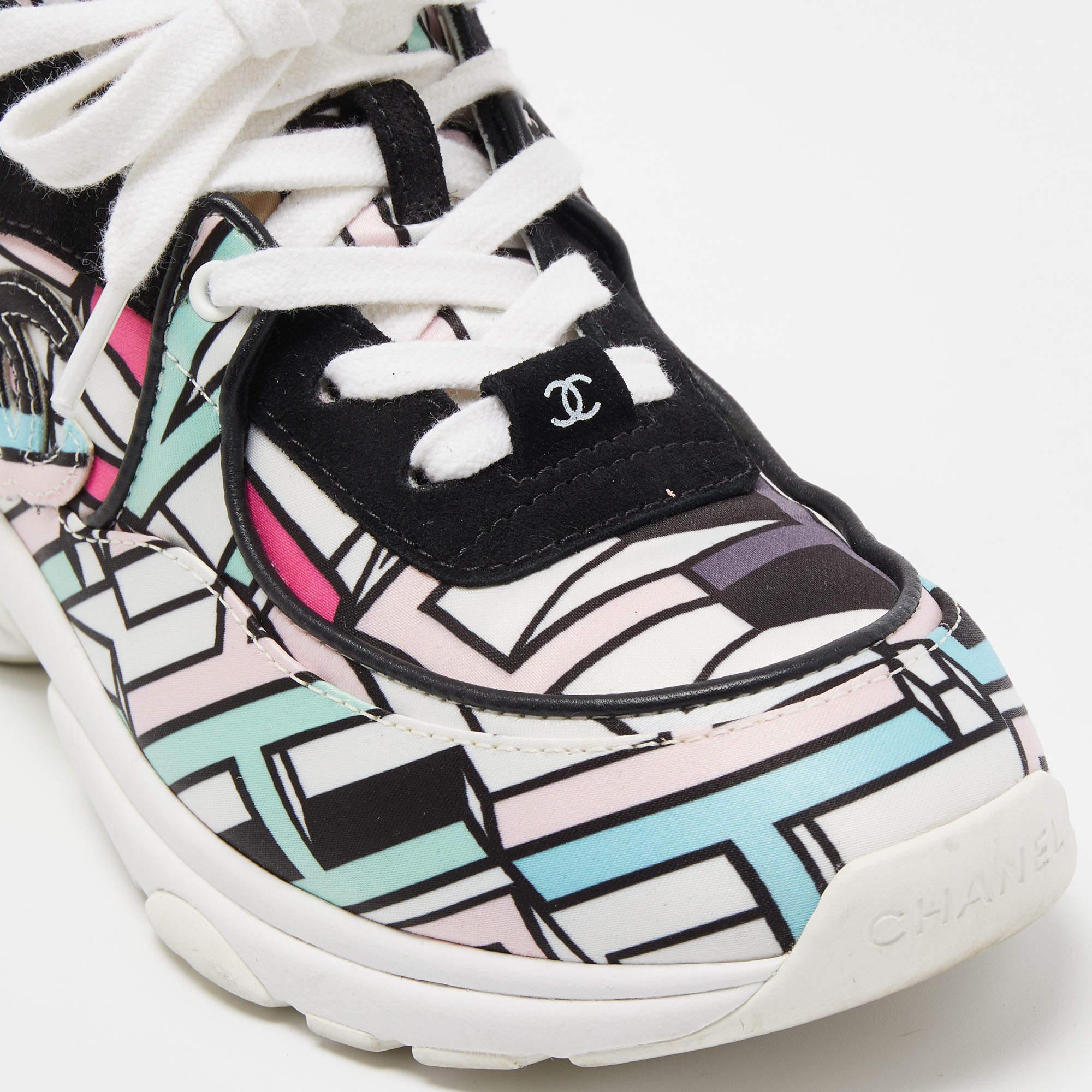 Chanel Multicolor Abstract Print Satin and Suede CC Logo Trainer Low Top Sneaker 1