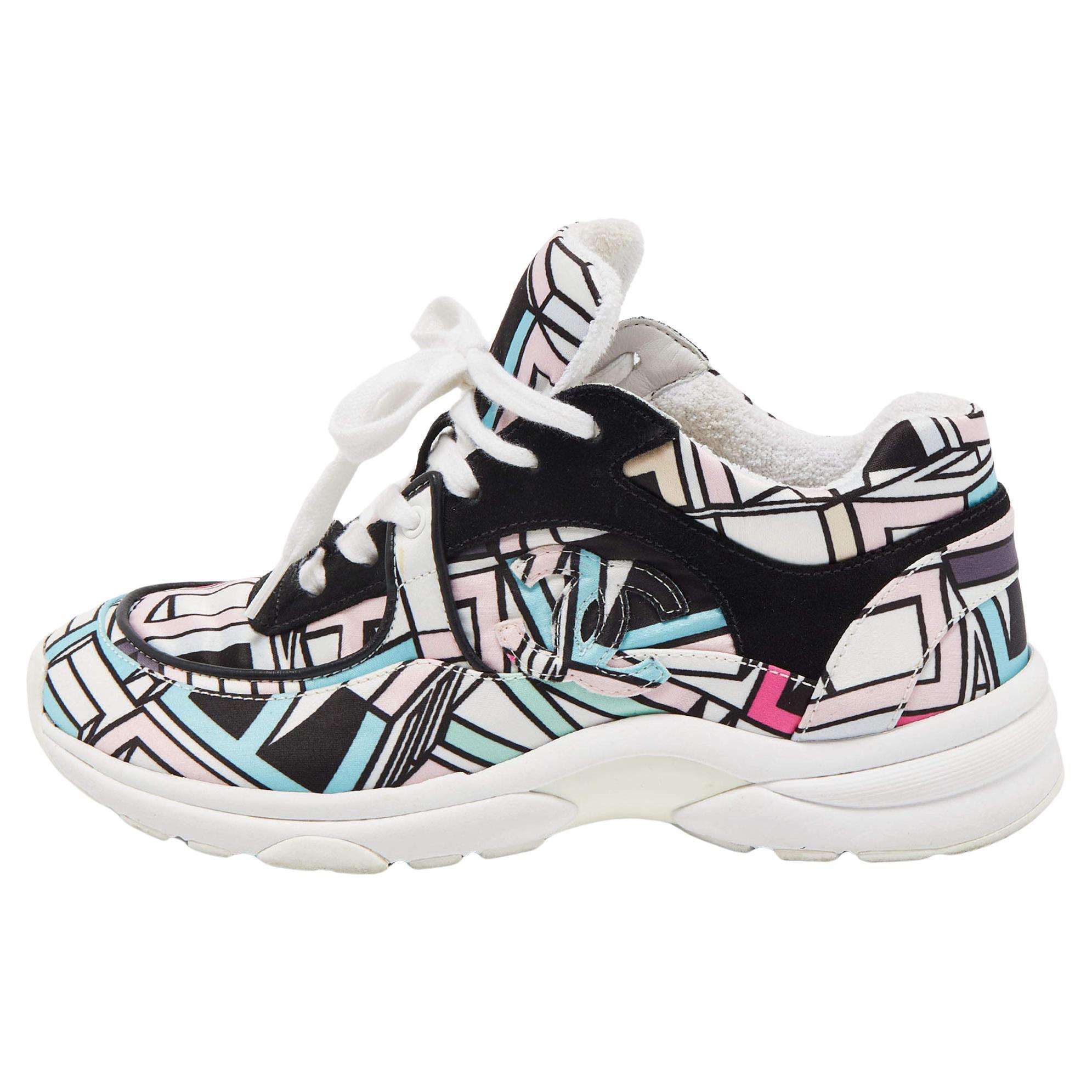Chanel Multicolor Abstract Print Satin and Suede CC Logo Trainer Low Top Sneaker For Sale