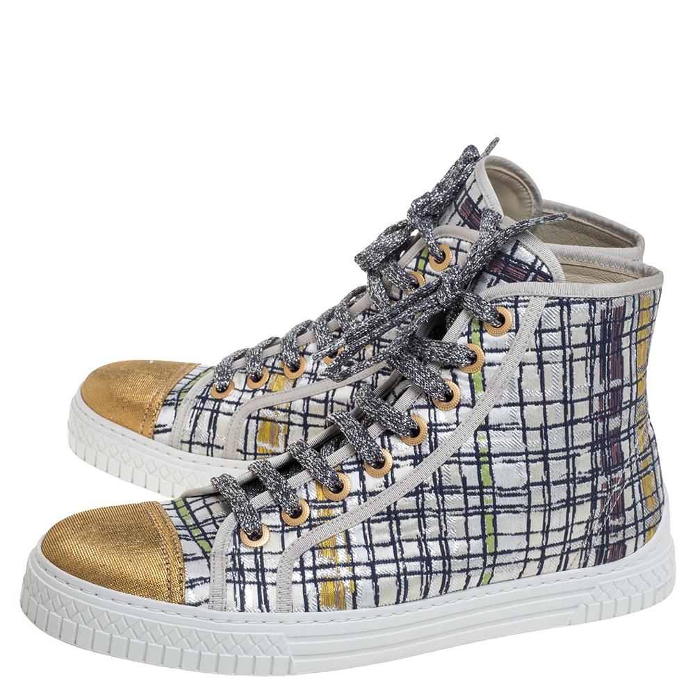 Gray Chanel Multicolor Brocade Fabric & Gold Lame CC Cap Toe High Top Sneaker Size 39