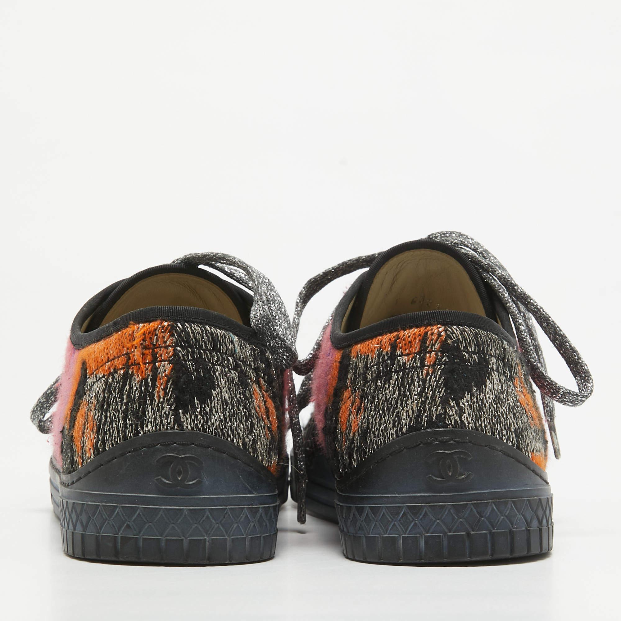 Women's Chanel Multicolor Canvas and Tweed Lace Up Sneakers Size 37 For Sale