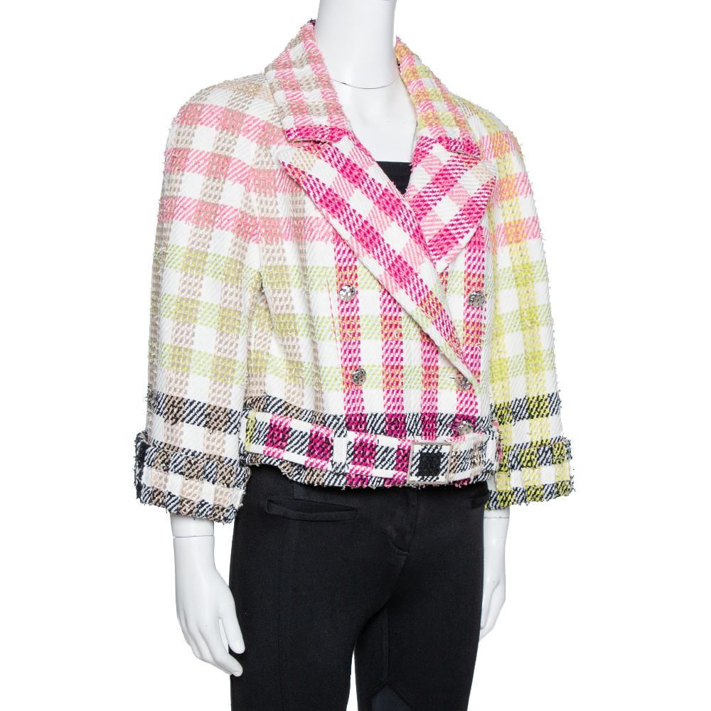 Beige Chanel Multicolor Checked Tweed Cropped Belted Jacket L