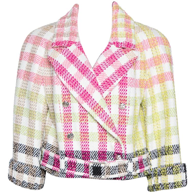 Chanel Multicolor Checked Tweed Cropped Belted Jacket L