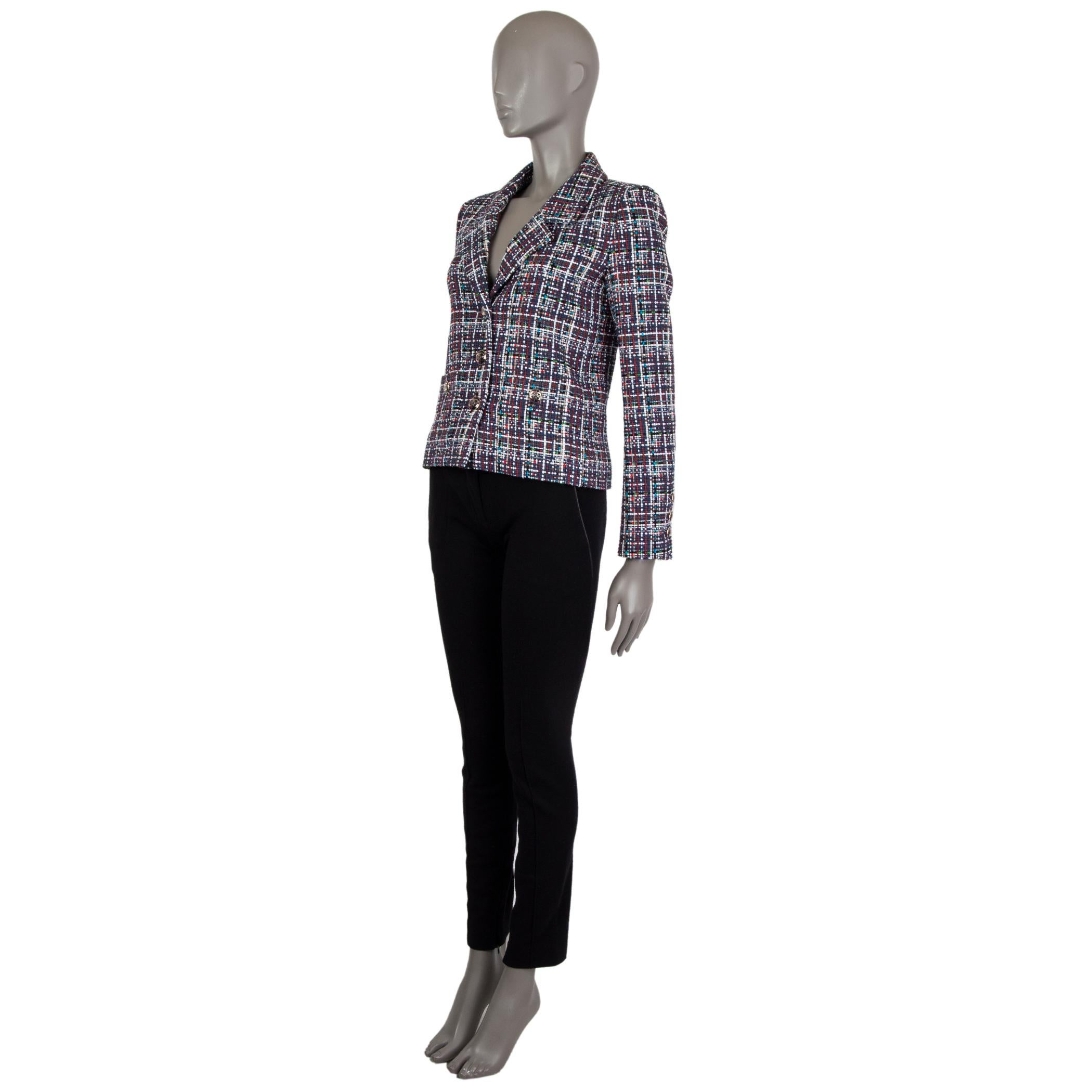 Chanel plaid-tweed blazer in navy, white, red, cyan, green, black, beige,  and rust cotton (56%), silk (28%), and nylon (16%). With notch collar, three-button sleeves, two buttoned patch pockets on the front sides, and signature weight chain around