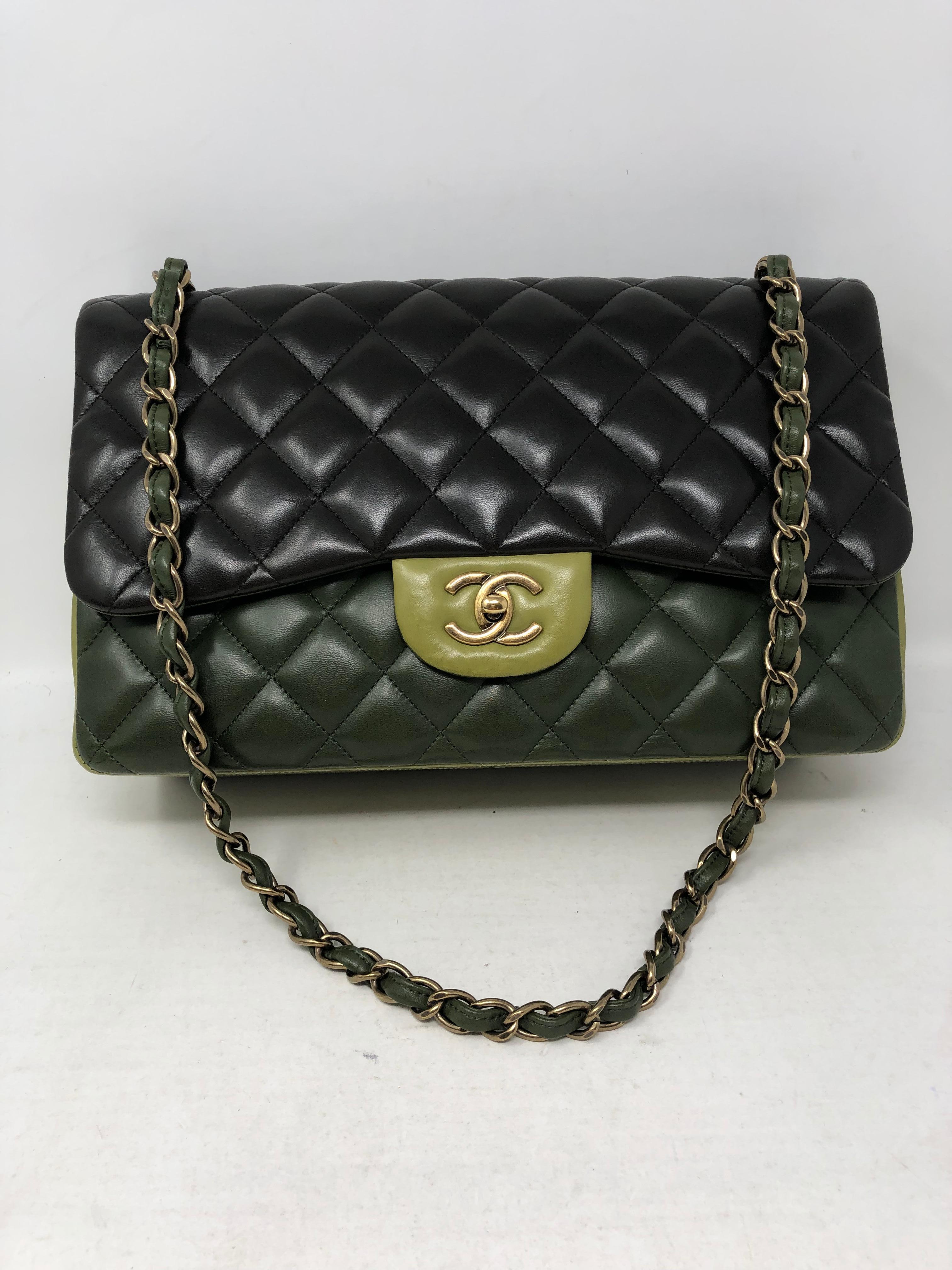 Chanel Multicolor Double Flap Bag. Avocado green colors in 3 different shades. Most wanted bag. Excellent condition. Matte Gold hardware. Ready to be worn. Includes authenticity card. Guaranteed authentic.  