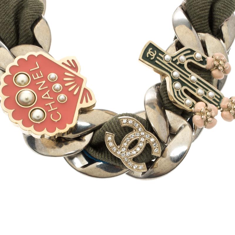 Women's Chanel Multicolor Embellished Charm Fabric Woven Silver Tone Chain Link Bracelet