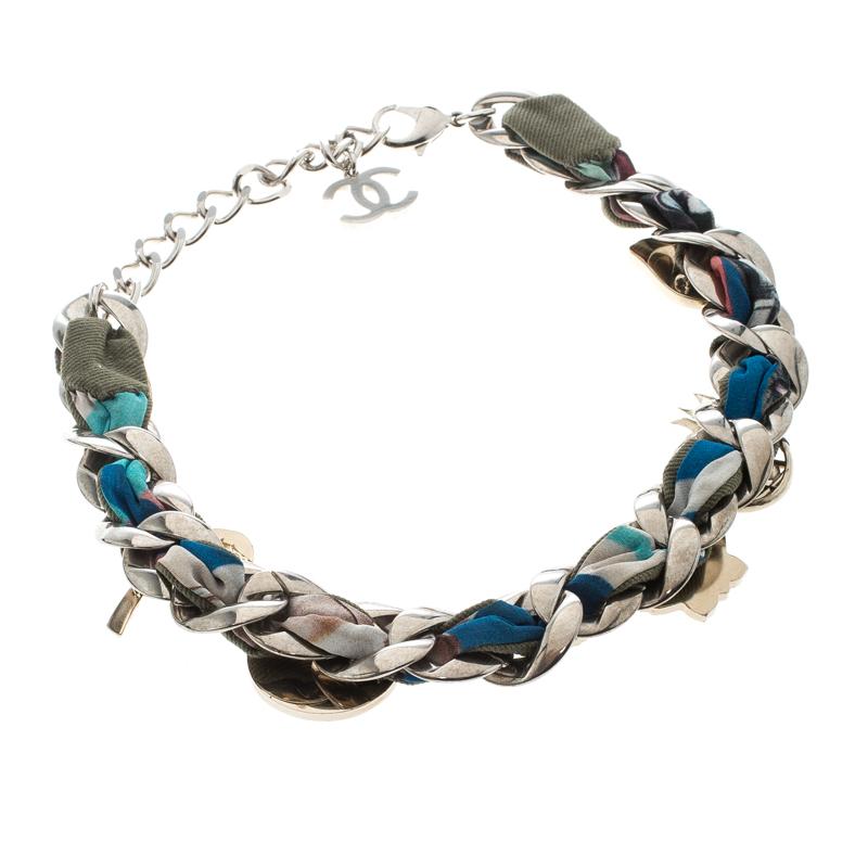 Contemporary Chanel Multicolor Embellished Charm Fabric Woven Silver Tone Chain Link Choker N