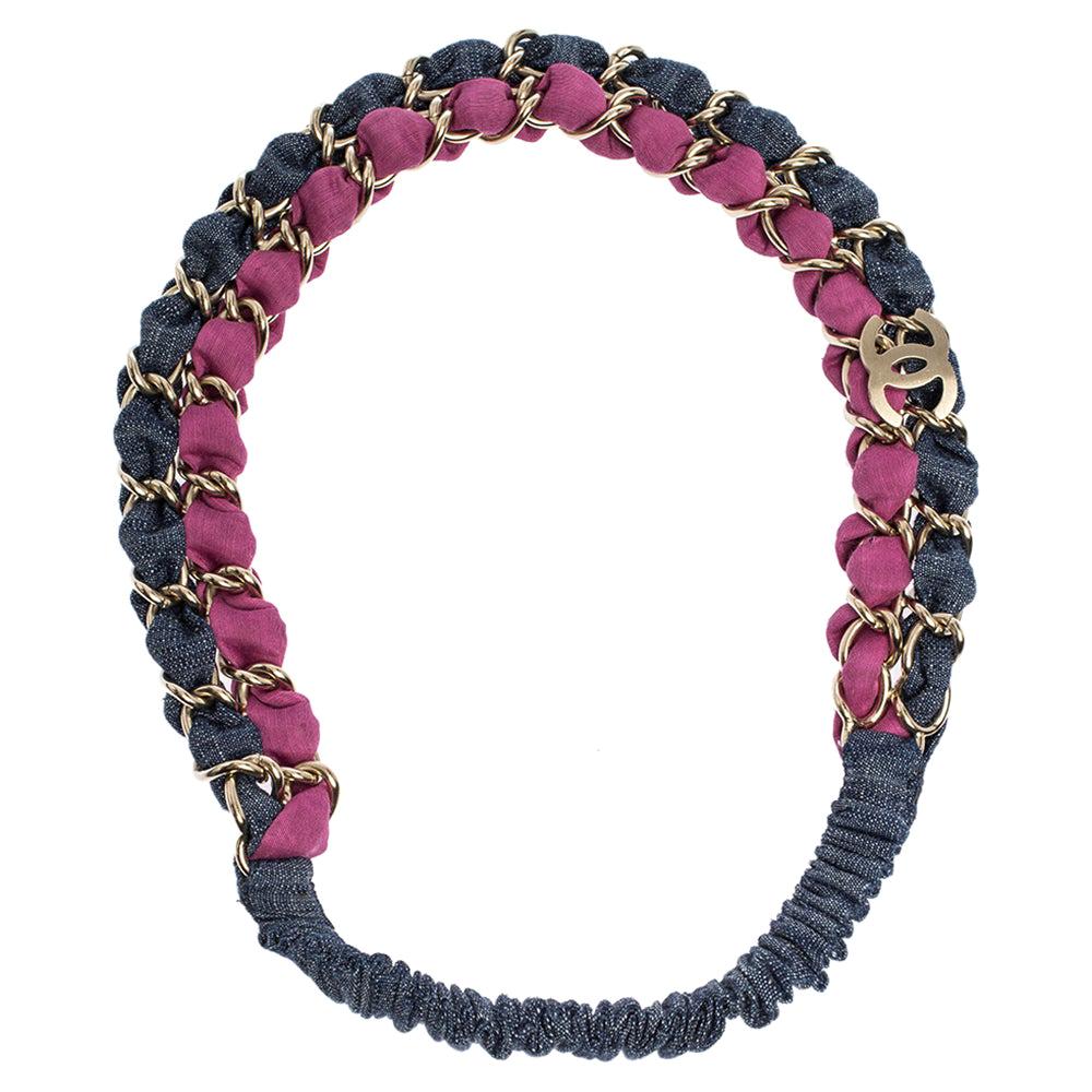 Chanel Multicolor Fabric Gold Tone Chain Embellished Headband