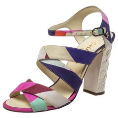 Chanel Multicolor Fabric Strappy Sculpture Heel Ankle Strap Sandals Size 38.5
