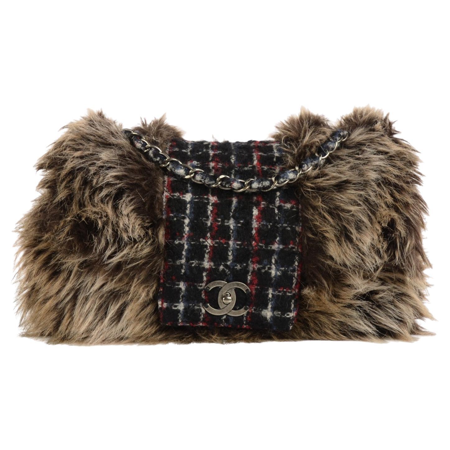 Chanel Multicolor Faux Fur Tweed XL Maxi Jumbo Classic Flap Shoulder Bag For Sale