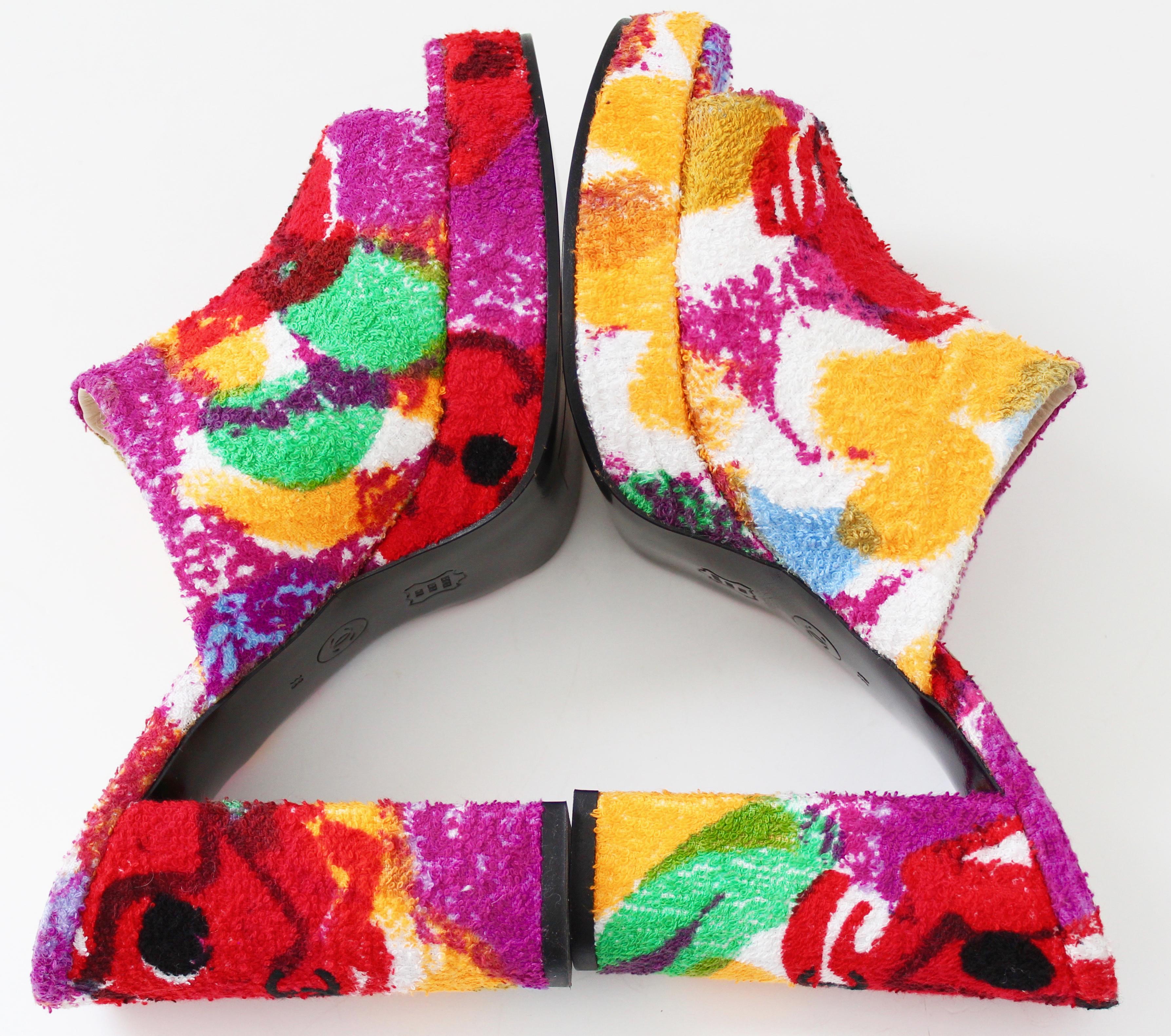 Chanel Multicolor Floral Platforms Sandals Heels Terry Cloth New