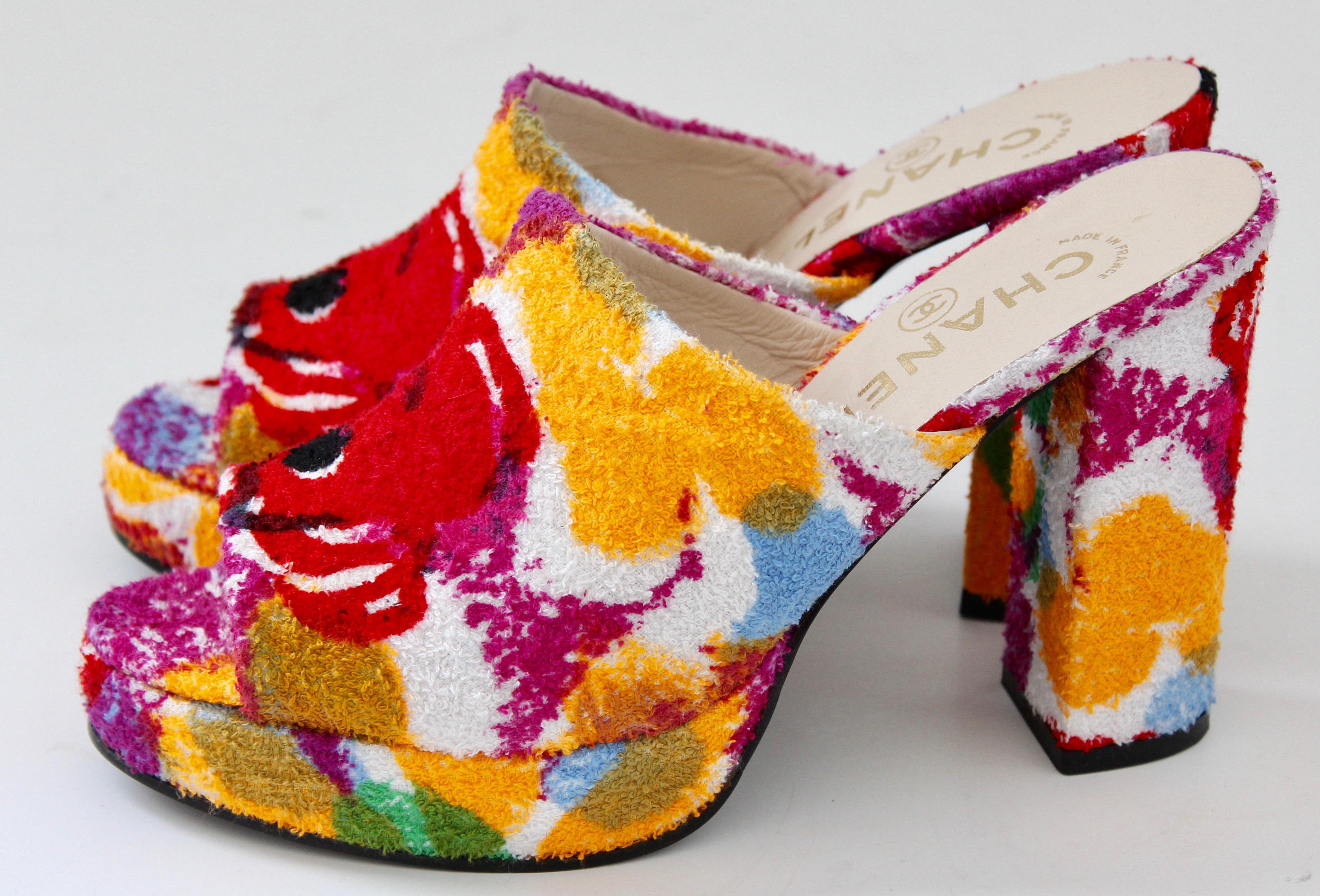 Women's Chanel Multicolor Floral Platforms Sandals Heels Terry Cloth New Old Stock 38 