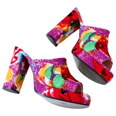 Retro Chanel Multicolor Floral Platforms Sandals Heels Terry Cloth New Old Stock 38 