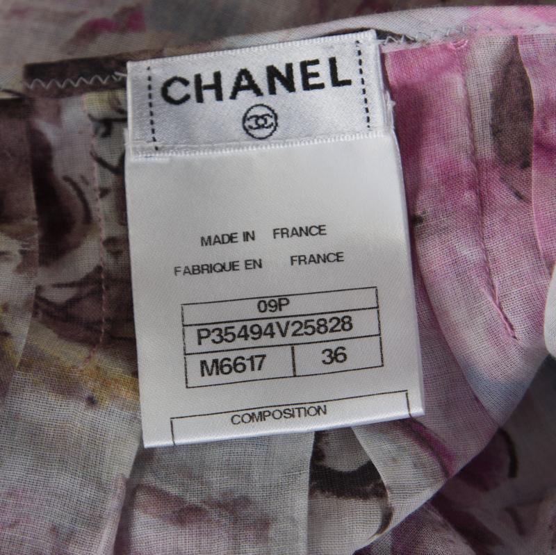 Women's Chanel Multicolor Floral Printed Cotton Neck Tie Detail Open Front Blouse S