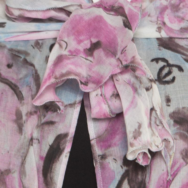 Chanel Multicolor Floral Printed Cotton Neck Tie Detail Open Front Blouse S 1