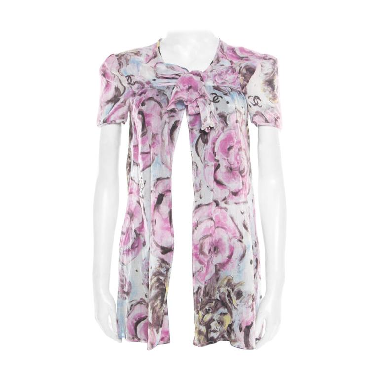 Chanel Multicolor Floral Printed Cotton Neck Tie Detail Open Front Blouse S