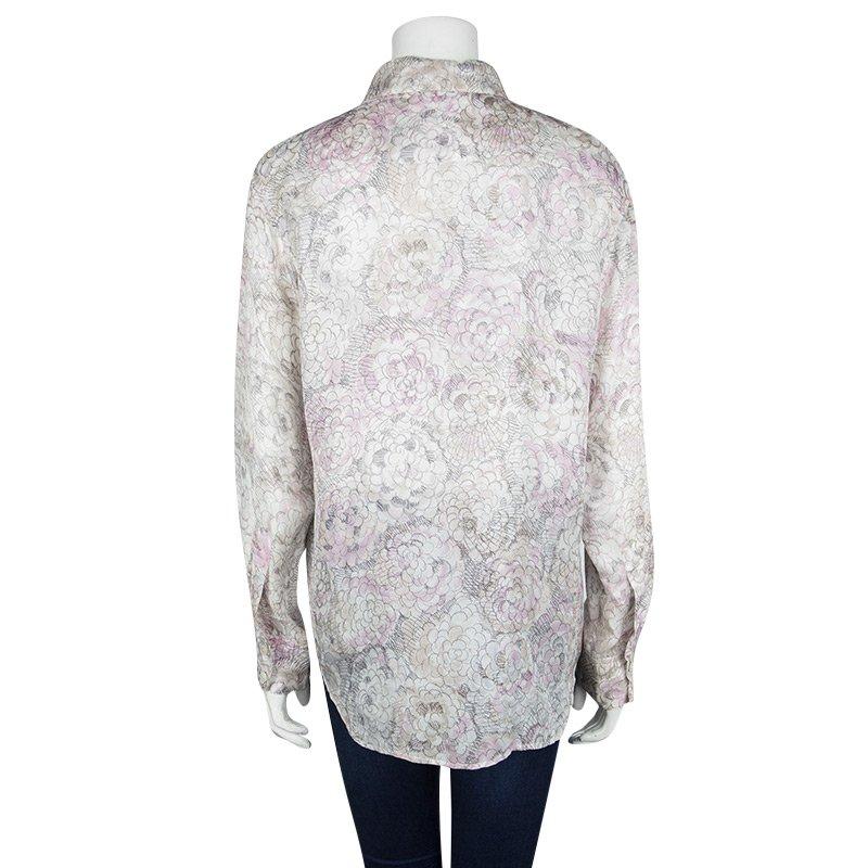 Gray Chanel Multicolor Floral Printed Silk Long Sleeve Blouse L