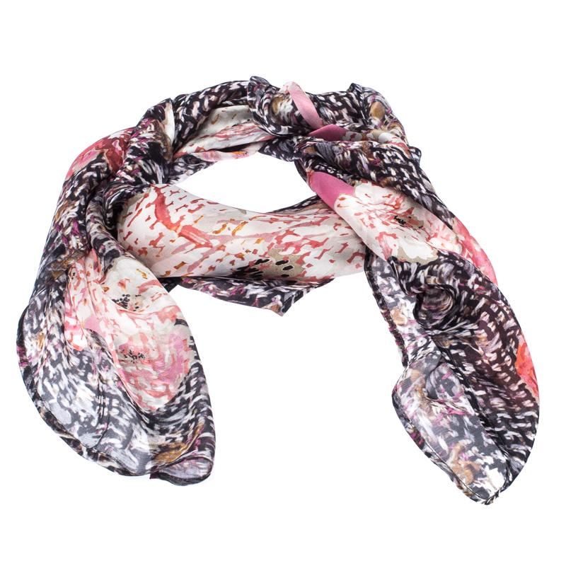 Gray Chanel Multicolor Floral Printed Silk Scarf