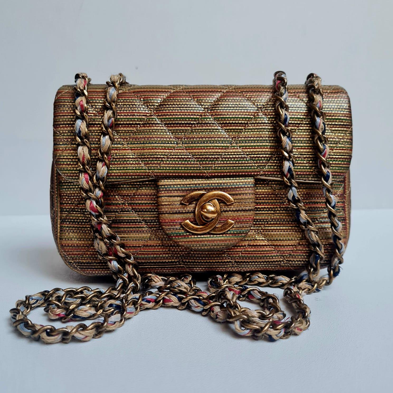 Chanel Multicolor Gold Metallic Raffia Woven Mini Flap Bag 6
