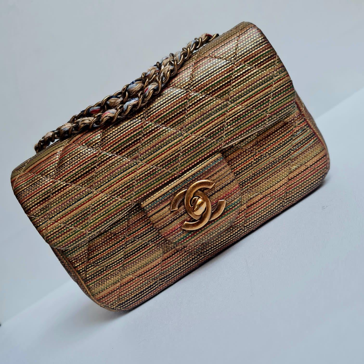 Chanel Multicolor Gold Metallic Raffia Woven Mini Flap Bag 13