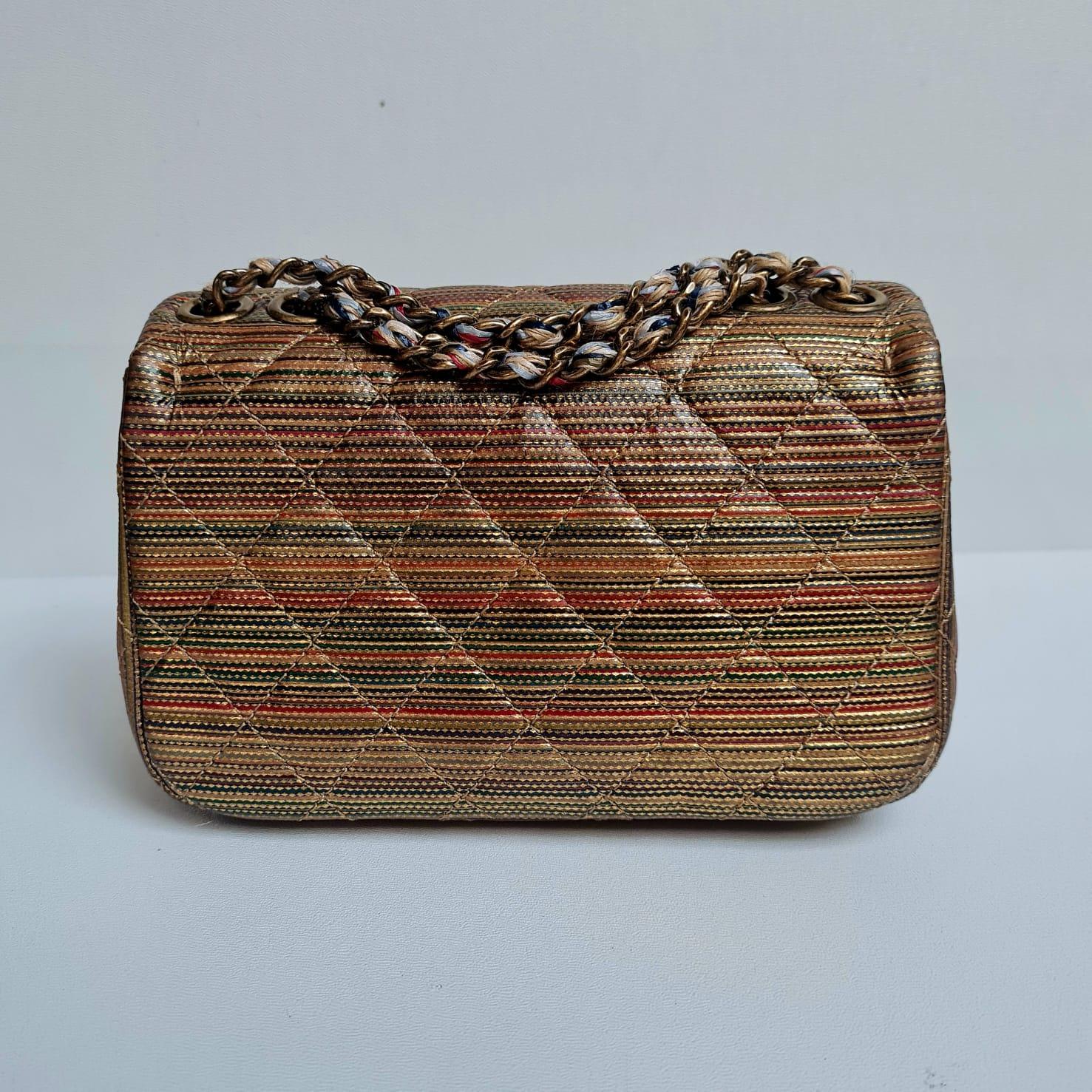 Women's or Men's Chanel Multicolor Gold Metallic Raffia Woven Mini Flap Bag