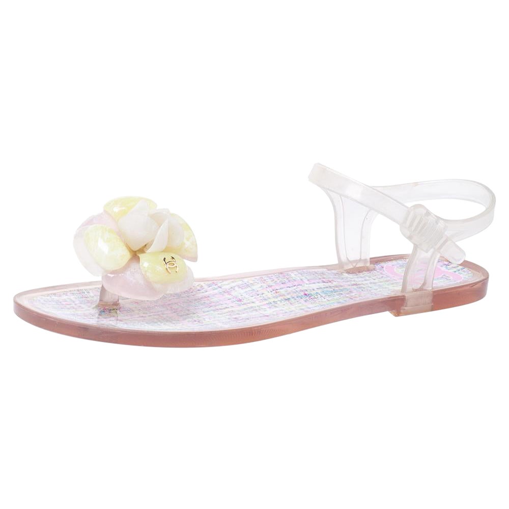 Chanel Multicolor Jelly Camellia Ankle Strap Thong Flat Sandals Size 35