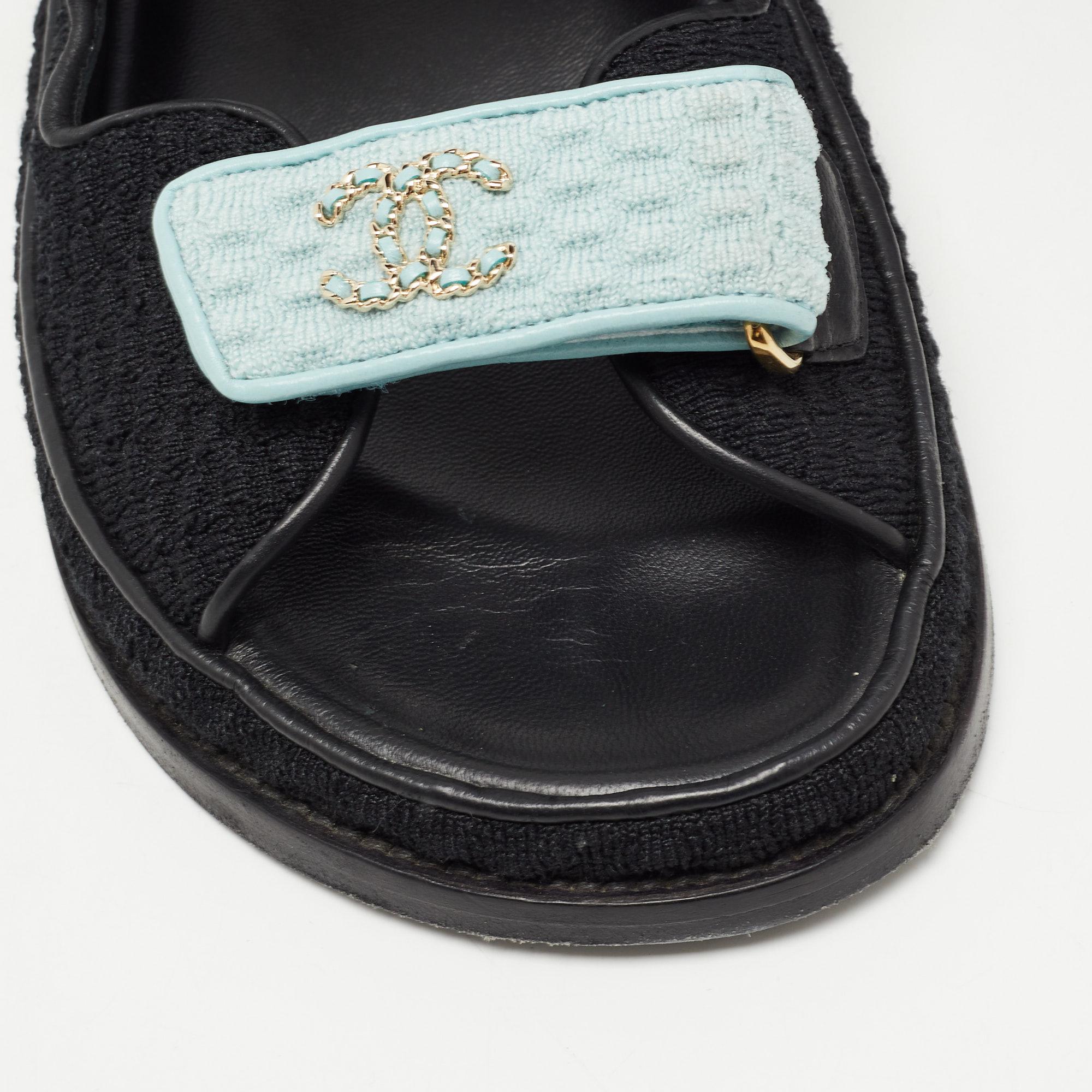 Women's Chanel Multicolor Knit Fabric and Leather Velcro Dad Sandals Size 38