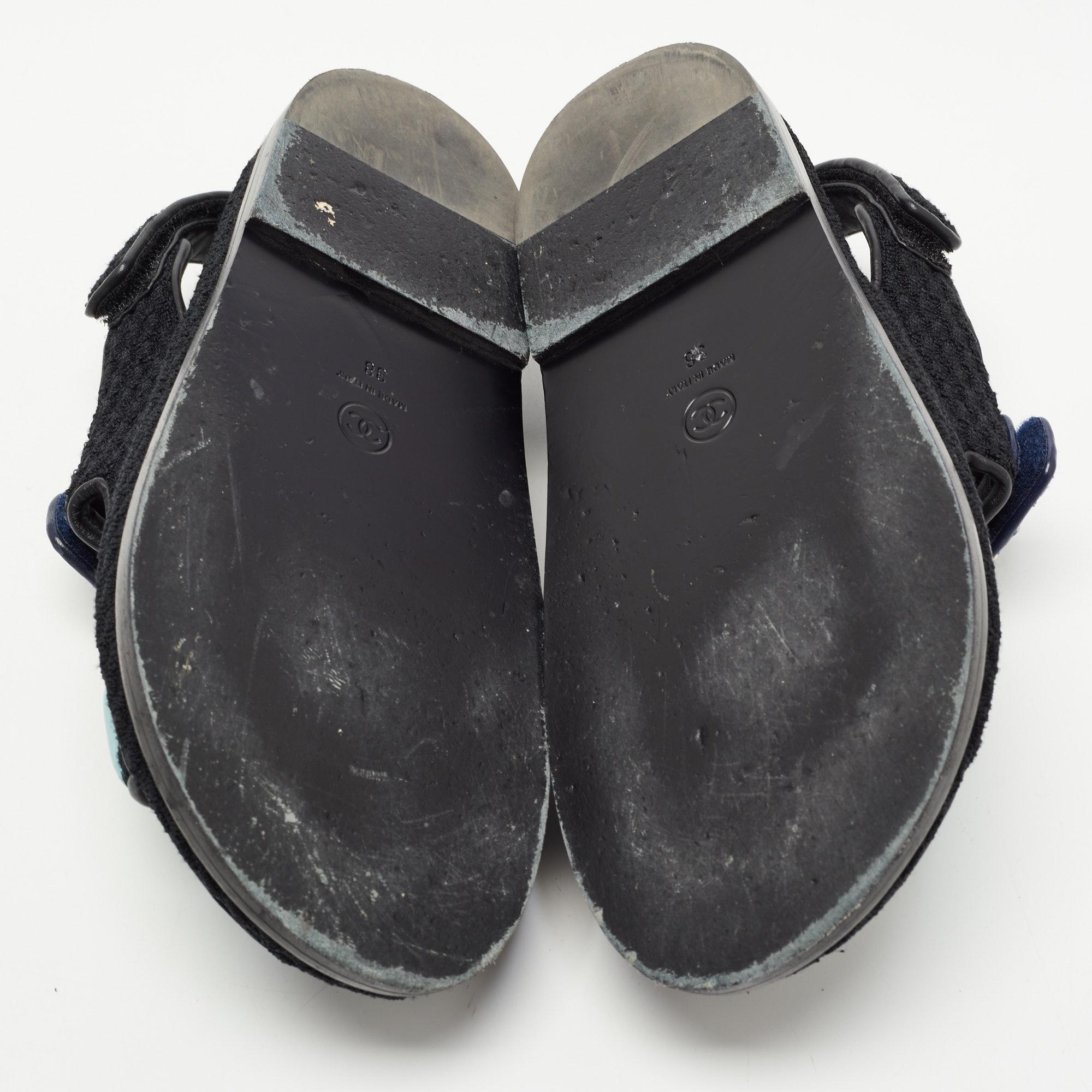 Chanel Multicolor Knit Fabric and Leather Velcro Dad Sandals Size 38 2